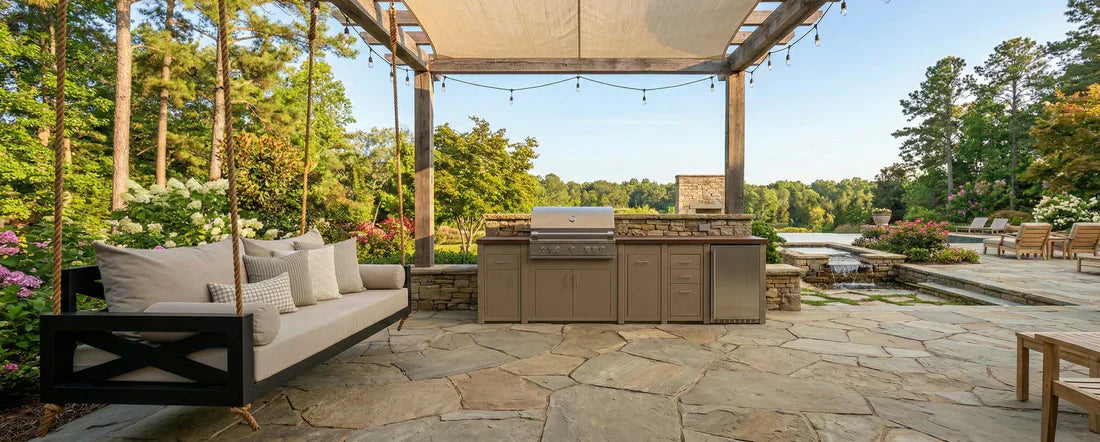 Stono Outdoor Living Co. backyard design with outdoor kitchen and swing bed – view 2