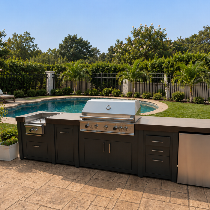 Stono Outdoor Living Engineered Outdoor Kitchen near saltwater pool