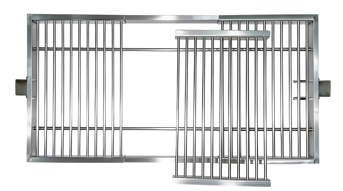Stono Outdoor Living Top view of the Tagwood BBQ Round Warming Roof Grill for BBQ03SS/BBQ05SS-BBQ92SS by Tagwood BBQ, featuring sturdy 304 stainless steel construction and two removable sections—one partially lifted—against a white background.