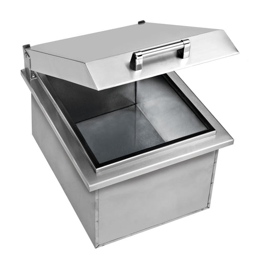 Stono Outdoor Living The Delta Heat 15-Inch Drop-In Stainless Steel Ice Bin Cooler (DHOC15D) features a hinged lid with handle and a rectangular design, making it perfect for any outdoor kitchen setup. Brand: Delta Heat.