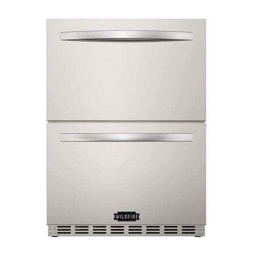 Stono Outdoor Living The Wildfire Outdoor Living 24” Dual Door Fridge (WFRDD24) features stainless steel construction, horizontal handles, a bottom vent, and is branded "Wildfire" on the lower door.