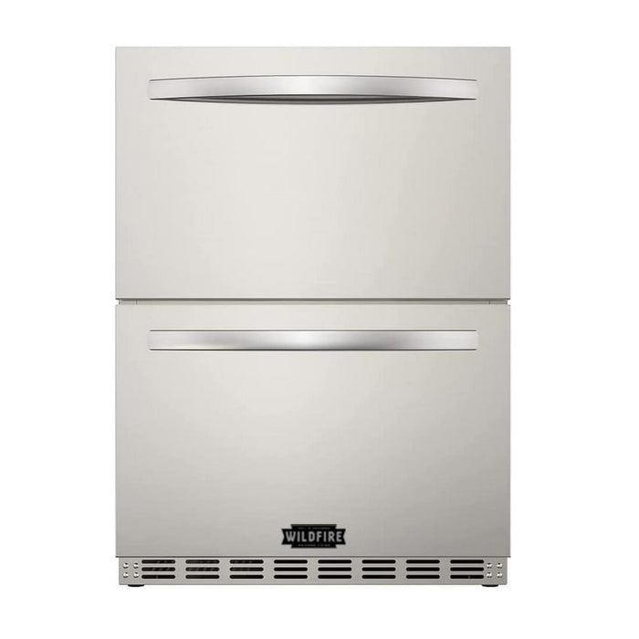 Stono Outdoor Living The Wildfire Outdoor Living 24” Dual Door Fridge (WFRDD24) features stainless steel construction, horizontal handles, a bottom vent, and is branded "Wildfire" on the lower door.