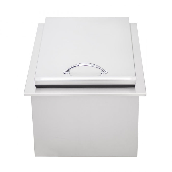 Stono Outdoor Living The TrueFlame 17x24" 1.7c Drop-in Cooler by TrueFlame features a rectangular stainless steel design with a flat, closed lid and curved top handle—ideal as an outdoor serving station, shown against a white background.
