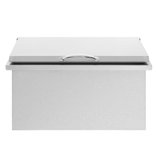 Stono Outdoor Living The TrueFlame 28x26" 2.7c Drop-in Cooler (AMD-IC-28-A) by TrueFlame is a stainless steel ice chest with a closed lid and curved top handle, pictured against a plain white background.