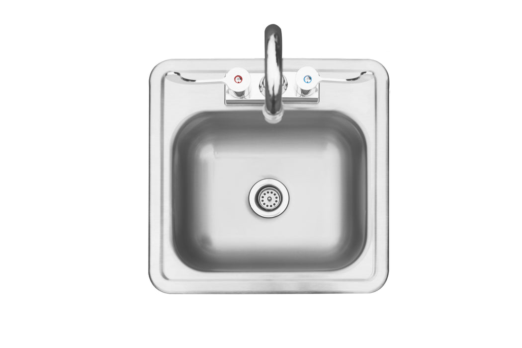 Stono Outdoor Living A top-down view of the TrueFlame 15x15" Drop-in Sink (TF-NK-15D) by TrueFlame, featuring a stainless steel finish, faucet, and two knobs for hot and cold water—ideal for outdoor bar prep—set against a white background.