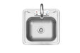 Stono Outdoor Living A top-down view of the TrueFlame 15x15" Drop-in Sink (TF-NK-15D) by TrueFlame, featuring a stainless steel finish, faucet, and two knobs for hot and cold water—ideal for outdoor bar prep—set against a white background.