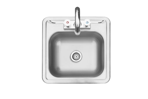 Stono Outdoor Living A top-down view of the TrueFlame 15x15" Drop-in Sink (TF-NK-15D) by TrueFlame, featuring a stainless steel finish, faucet, and two knobs for hot and cold water—ideal for outdoor bar prep—set against a white background.