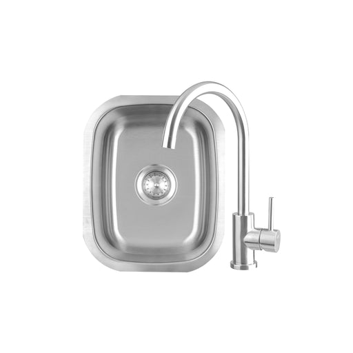 Stono Outdoor Living The TrueFlame 19" x 15" Stainless Steel Undermount Sink (TF-NK-19U) features a single basin and a modern curved faucet with side lever handle, ideal for outdoor kitchens, shown against a plain white background.