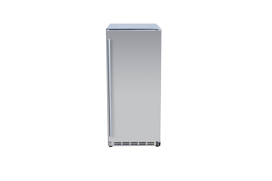 Stono Outdoor Living The TrueFlame 15" 3.2 Cu. Ft. Outdoor Rated Refrigerator (AMD-RFR-15S) by TrueFlame features a slim stainless steel design with a vertical handle, perfect for outdoor kitchens, shown front-facing against a plain white backdrop.