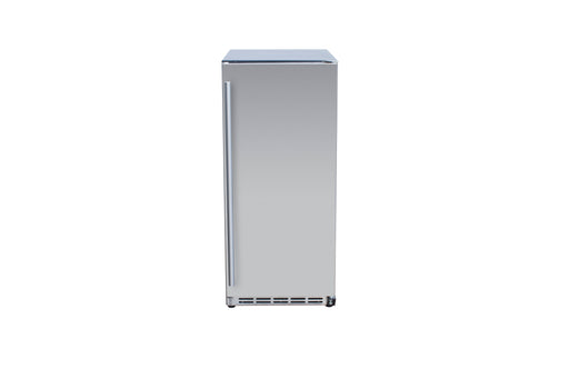 Stono Outdoor Living The TrueFlame 15" 3.2 Cu. Ft. Outdoor Rated Refrigerator (AMD-RFR-15S) by TrueFlame features a slim stainless steel design with a vertical handle, perfect for outdoor kitchens, shown front-facing against a plain white backdrop.