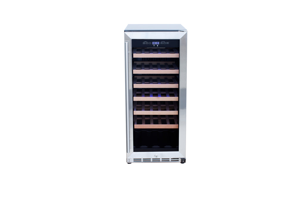 Stono Outdoor Living The TrueFlame 15" 3.2 Cu. Ft. Outdoor Rated Single Zone Wine Cooler (AMD-RFR-15W) features a stainless steel build, glass door, wooden shelves, and digital controls—perfect for premium outdoor refrigeration in your kitchen setup.