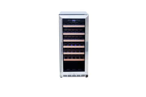Stono Outdoor Living The TrueFlame 15" 3.2 Cu. Ft. Outdoor Rated Single Zone Wine Cooler (AMD-RFR-15W) features a stainless steel build, glass door, wooden shelves, and digital controls—perfect for premium outdoor refrigeration in your kitchen setup.