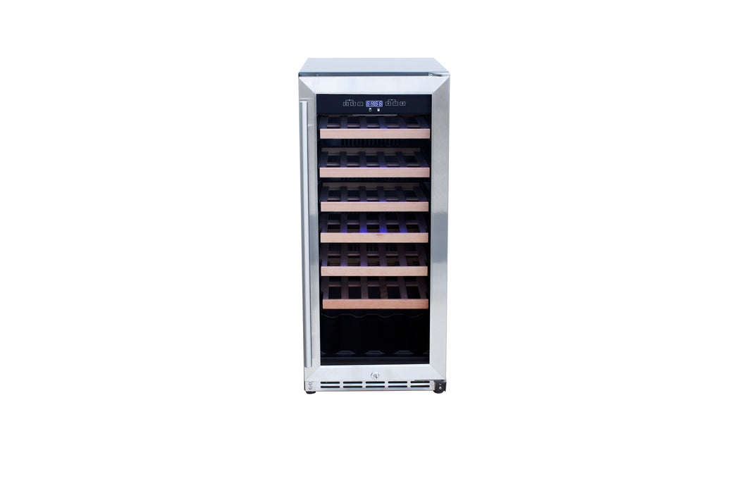 Stono Outdoor Living The TrueFlame 15" 3.2 Cu. Ft. Outdoor Rated Dual Zone Wine Cooler (AMD-RFR-15WD) features a stainless steel body, glass door, digital top controls, and wooden shelves—perfect for wine storage indoors or outdoors; shown on a white background.
