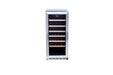 Stono Outdoor Living The TrueFlame 15" 3.2 Cu. Ft. Outdoor Rated Dual Zone Wine Cooler (AMD-RFR-15WD) features a stainless steel body, glass door, digital top controls, and wooden shelves—perfect for wine storage indoors or outdoors; shown on a white background.