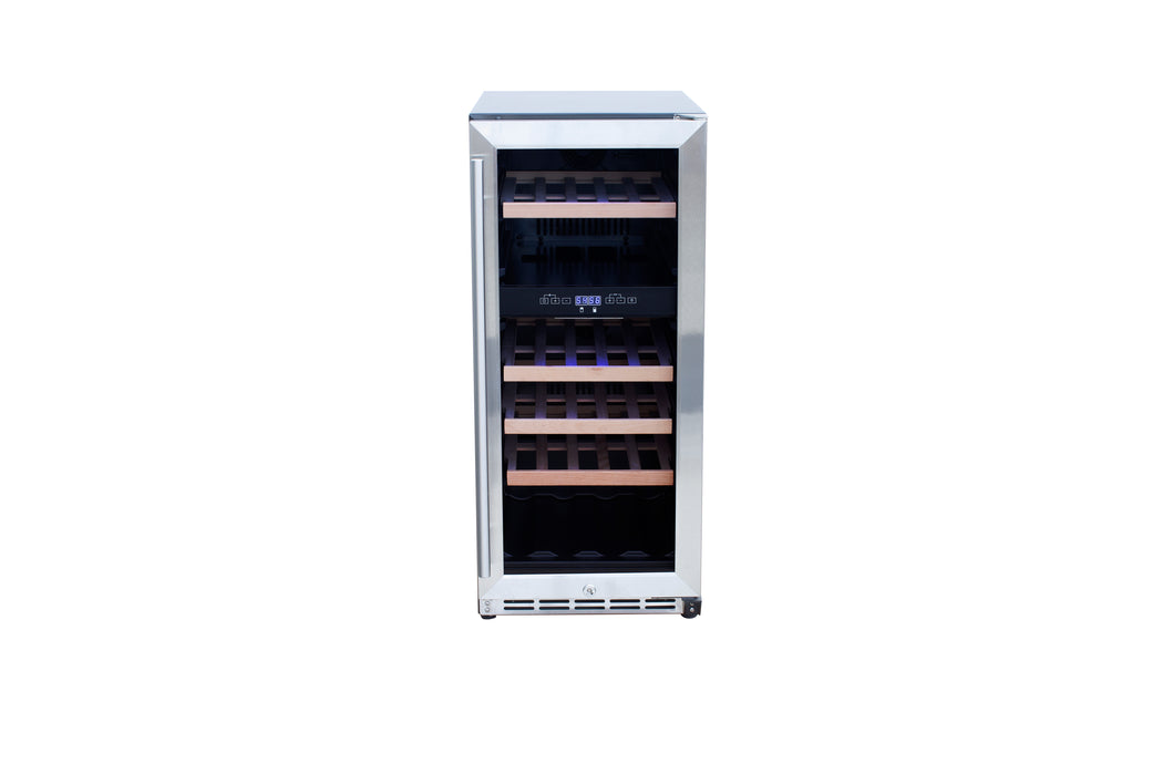Stono Outdoor Living The TrueFlame 15" 3.2 Cu. Ft. Outdoor Rated Single Zone Wine Cooler (AMD-RFR-15W) features a stainless steel finish, glass door, wooden shelves, and digital display, offering elegant outdoor refrigeration in style. Photographed on a white background.