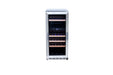 Stono Outdoor Living The TrueFlame 15" 3.2 Cu. Ft. Outdoor Rated Single Zone Wine Cooler (AMD-RFR-15W) features a stainless steel finish, glass door, wooden shelves, and digital display, offering elegant outdoor refrigeration in style. Photographed on a white background.