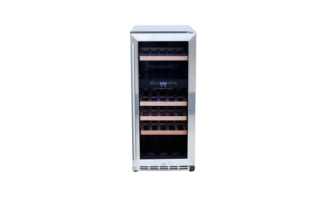 Stono Outdoor Living The TrueFlame 15" 3.2 Cu. Ft. Outdoor Rated Dual Zone Wine Cooler (AMD-RFR-15WD) features a stainless steel finish, glass door, wooden shelves, and digital temperature display—ideal for outdoor kitchens or refrigeration needs. Shown on white background.