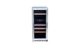 Stono Outdoor Living The TrueFlame 15" 3.2 Cu. Ft. Outdoor Rated Dual Zone Wine Cooler (AMD-RFR-15WD) features a stainless steel finish, glass door, wooden shelves, and digital temperature display—ideal for outdoor kitchens or refrigeration needs. Shown on white background.