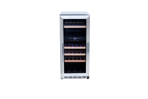 Stono Outdoor Living The TrueFlame 15" 3.2 Cu. Ft. Outdoor Rated Dual Zone Wine Cooler (AMD-RFR-15WD) features a stainless steel finish, glass door, wooden shelves, and digital temperature display—ideal for outdoor kitchens or refrigeration needs. Shown on white background.