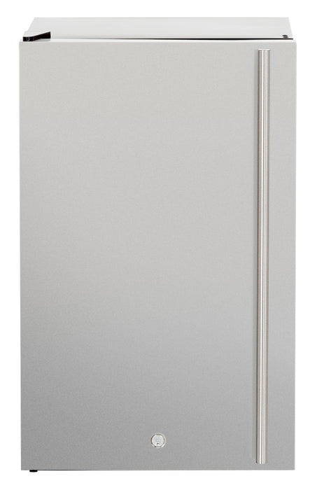 Stono Outdoor Living The TrueFlame 22" 4.1c Deluxe Outdoor Approved Fridge (AMD-RFR-22D) features a sleek upgraded stainless steel door, vertical handle, and lock—ideal for outdoor kitchens. Pictured on a white background.