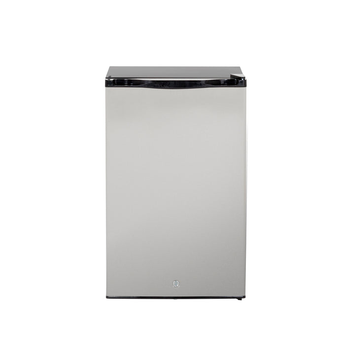 Stono Outdoor Living The TrueFlame 22" 4.1c Outdoor Approved Fridge (AMD-RFR-22S) features stainless steel reversible doors with a lock, black handle, and smooth front, shown against a white background. Brand: TrueFlame.