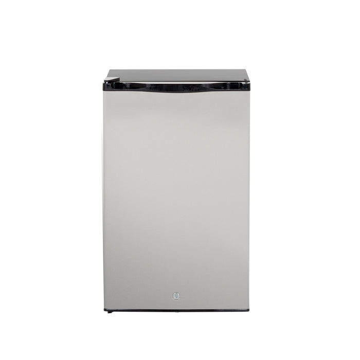 Stono Outdoor Living The TrueFlame 22" 4.1c Outdoor Approved Fridge (AMD-RFR-22S) features a reversible stainless steel door with lock, black top and handle, all shown against a plain white background.