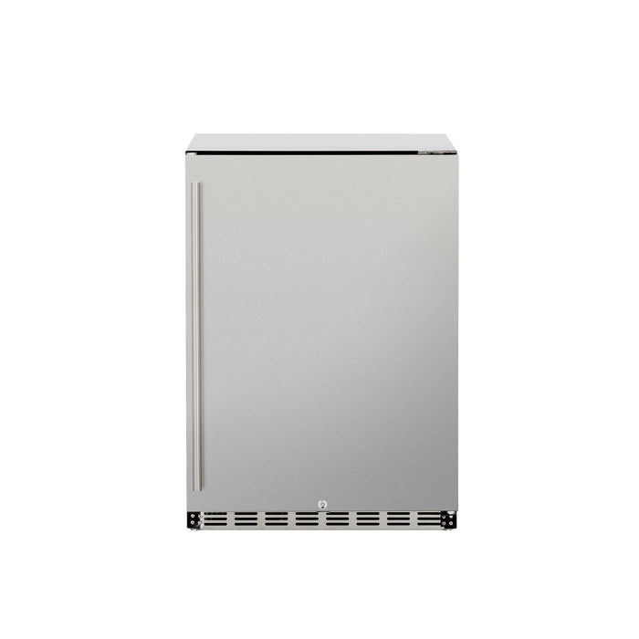 Stono Outdoor Living The TrueFlame 24" 5.3 Cu. Ft. Deluxe Outdoor Rated Refrigerator (TF-RFR-24D-R) by TrueFlame features a stainless steel, single-door design with a left vertical handle, bottom vented grille, ideal for built-in use, shown against a white background.