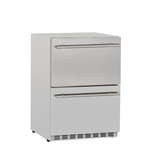 Stono Outdoor Living The TrueFlame 24" 5.1 Cu. Ft. Deluxe Outdoor Rated 2-Drawer Refrigerator (125-AMD-RFR-24DR2-A) features stainless steel construction, two horizontal pull-out drawers, and bottom venting—perfect for outdoor kitchens.