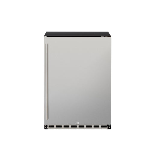 Stono Outdoor Living The TrueFlame 24" 5.1 Cu. Ft. Outdoor Rated Refrigerator (Right Hinge) - AMD-RFR-24S-B features a stainless steel finish, single door with vertical handle on the left, and bottom vent, displayed against a plain white background.