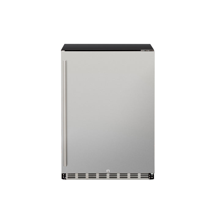 Stono Outdoor Living The TrueFlame 24" 5.1 Cu. Ft. Outdoor Rated Refrigerator (Right Hinge) - AMD-RFR-24S-B features a stainless steel finish, single door with vertical handle on the left, and bottom vent, displayed against a plain white background.