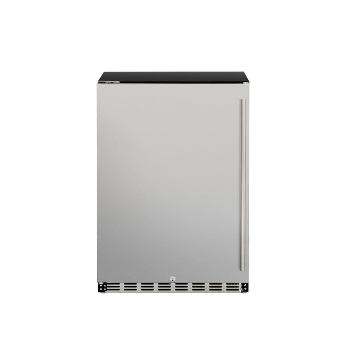 Stono Outdoor Living The TrueFlame 24" 5.1 Cu. Ft. Outdoor Rated Refrigerator (Right Hinge) - AMD-RFR-24S-B is a stainless steel, single-door unit with a sleek design and a right-side vertical handle, shown against a plain white background.
