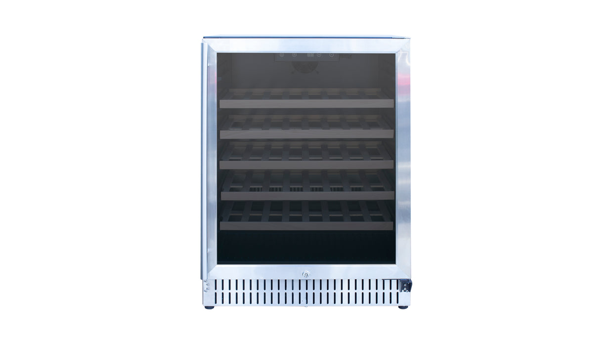 Stono Outdoor Living A front view of the TrueFlame 24" 5.3 Cu. Ft. Outdoor Rated Single Zone Wine Cooler (AMD-RFR-24W) shows its stainless steel finish, glass door, black interior, and multiple shelves—perfect for modern outdoor kitchen spaces.