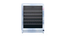 Stono Outdoor Living A front view of the TrueFlame 24" 5.3 Cu. Ft. Outdoor Rated Single Zone Wine Cooler (AMD-RFR-24W) shows its stainless steel finish, glass door, black interior, and multiple shelves—perfect for modern outdoor kitchen spaces.