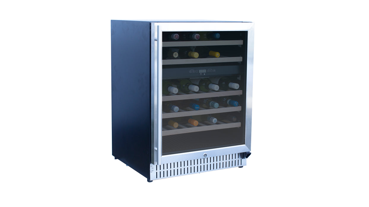 Stono Outdoor Living The TrueFlame 24" 5.3 Cu. Ft. Outdoor Rated Dual Zone Wine Cooler (AMD-RFR-24WD) features a stainless steel design, glass door, metal shelves, and bottom vent—ideal for outdoor kitchens and pictured freestanding against a white background.