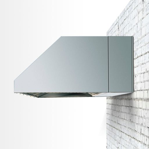 Stono Outdoor Living A modern silver kitchen range hood, featuring the TrueFlame 8" Spacer Bracket for 36" Outdoor Vent Hood (TF-VH36-2-SP8) by TrueFlame, is mounted on a white brick wall with a clean, bright backdrop.