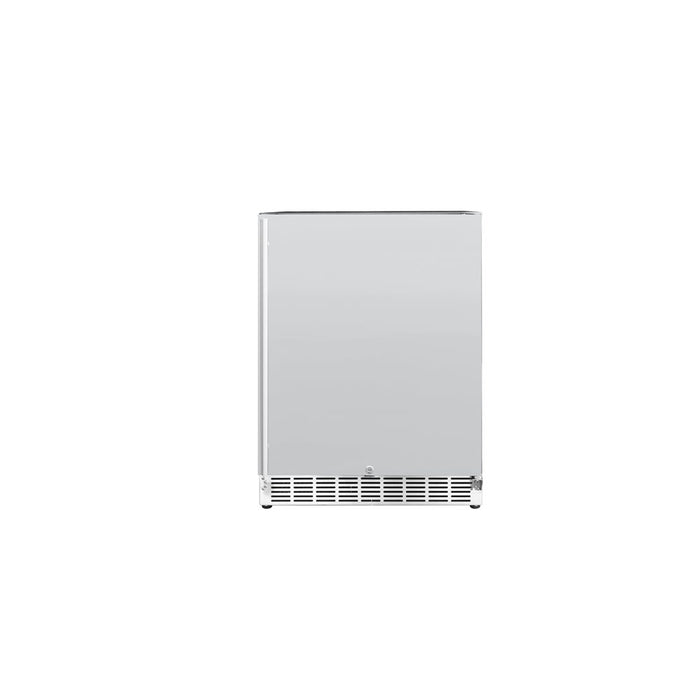 Stono Outdoor Living The TrueFlame 24" 5.0 Cu. Ft. Outdoor Rated Refrigerator (125-AMD-RFR-24S-B) features a weather-resistant stainless steel design with a front-facing door and bottom vent, perfect for any outdoor kitchen. Shown centered on a plain white background.