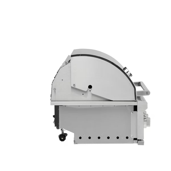 Stono Outdoor Living Side view of the Coyote 30" C-Series Grill, 3 Burner in Natural Gas (C3C30NG) with closed lid, control knobs, and bottom wheels—ideal for outdoor kitchens—shown against a plain white background.