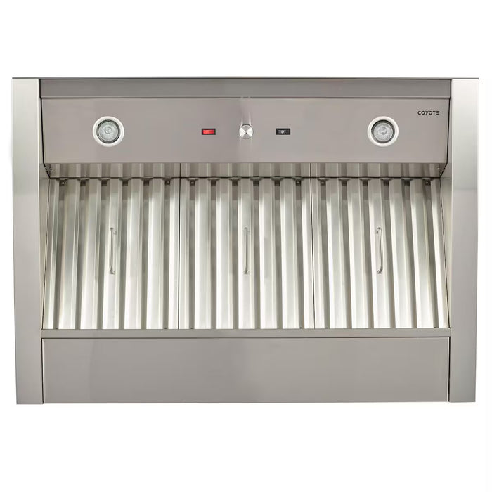 Stono Outdoor Living Front view of the Coyote 42" Outdoor Insert (C1LINER42), a stainless steel range hood ideal for custom installations. Features vent slats, two round lights, a control switch, and indicator lights. Coyote brand appears in the top right corner.