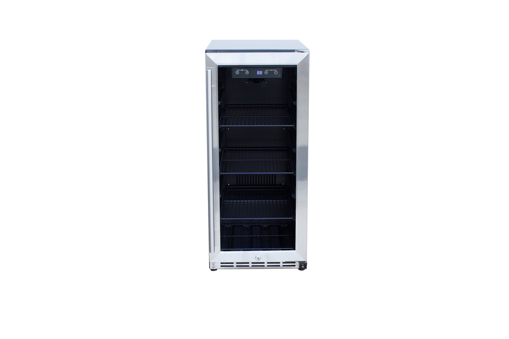 Stono Outdoor Living The TrueFlame 15" 3.2 Cu. Ft. Outdoor Rated Refrigerator (AMD-RFR-15G) features a stainless steel design, glass door, three shelves, and a digital control panel—perfect for outdoor kitchens. Shown empty against a white background.