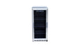 Stono Outdoor Living The TrueFlame 15" 3.2 Cu. Ft. Outdoor Rated Refrigerator (AMD-RFR-15G) features a stainless steel design, glass door, three shelves, and a digital control panel—perfect for outdoor kitchens. Shown empty against a white background.