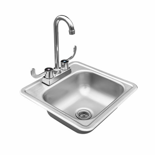 Stono Outdoor Living The TrueFlame 15x15" Drop-in Sink (TF-NK-15D) by TrueFlame features stainless steel construction, a high-arc faucet, and dual lever handles for hot and cold—ideal for outdoor kitchen or bar prep stations. Set against a white background.