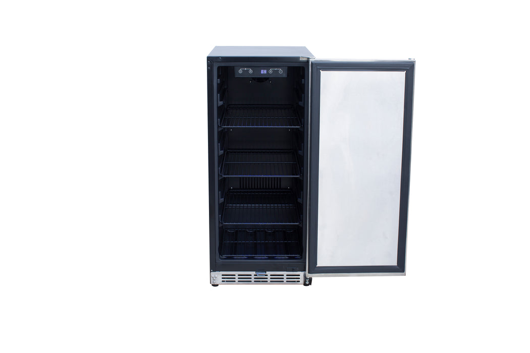 Stono Outdoor Living The TrueFlame 15" 3.2 Cu. Ft. Outdoor Rated Refrigerator (AMD-RFR-15S) by TrueFlame is shown with its stainless steel door open, revealing empty black shelves—ideal for outdoor kitchen or refrigeration needs, against a plain white background.