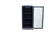 Stono Outdoor Living The TrueFlame 15" 3.2 Cu. Ft. Outdoor Rated Refrigerator (AMD-RFR-15S) by TrueFlame is shown with its stainless steel door open, revealing empty black shelves—ideal for outdoor kitchen or refrigeration needs, against a plain white background.