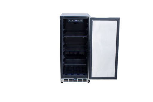 Stono Outdoor Living The TrueFlame 15" 3.2 Cu. Ft. Outdoor Rated Refrigerator (AMD-RFR-15S) by TrueFlame is shown with its stainless steel door open, revealing empty black shelves—ideal for outdoor kitchen or refrigeration needs, against a plain white background.