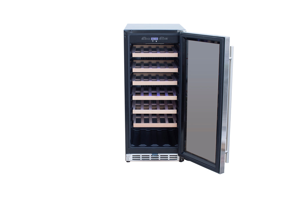 Stono Outdoor Living The TrueFlame 15" 3.2 Cu. Ft. Outdoor Rated Single Zone Wine Cooler (AMD-RFR-15W) features a sleek black design with a glass door and empty wooden shelves—an elegant, stylish outdoor refrigeration addition to your kitchen from TrueFlame.