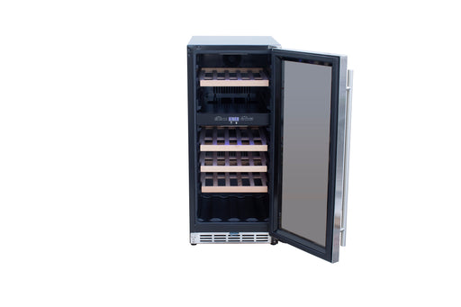 Stono Outdoor Living The TrueFlame 15" 3.2 Cu. Ft. Outdoor Rated Dual Zone Wine Cooler (AMD-RFR-15WD) features a glass door and multiple wooden shelves, making it perfect for storing wine bottles in your outdoor kitchen.