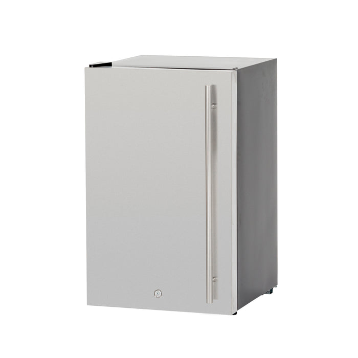 Stono Outdoor Living The TrueFlame 22" 4.1c Deluxe Outdoor Approved Fridge (AMD-RFR-22D) features an upgraded stainless steel door and handle, sleek modern design, and is photographed closed against a plain white background—ideal for outdoor kitchens.