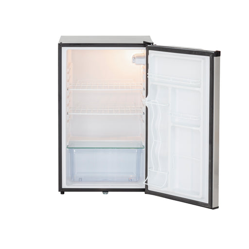 Stono Outdoor Living The TrueFlame 22" 4.1c Outdoor Approved Fridge (AMD-RFR-22S) stands open, showing two wire shelves, a clear drawer, door storage, stainless steel reversible door with lock, and a bright interior.