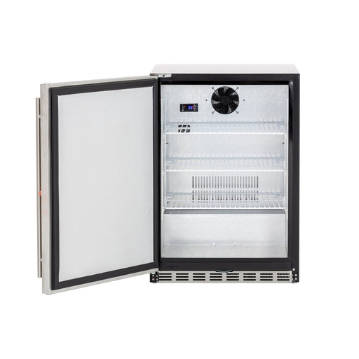 Stono Outdoor Living The TrueFlame 24" 5.3 Cu. Ft. Deluxe Outdoor Rated Refrigerator (TF-RFR-24D-R) features a stainless steel door, two wire shelves, a digital temperature display, and an internal cooling fan—all visible with the door open.