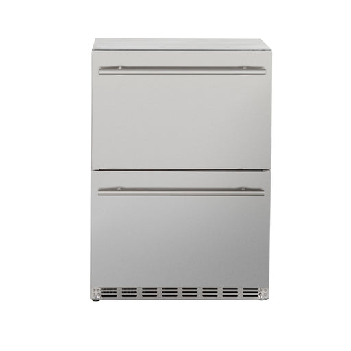 Stono Outdoor Living The TrueFlame 24" 5.1 Cu. Ft. Deluxe Outdoor Rated 2-Drawer Refrigerator (125-AMD-RFR-24DR2-A) features durable stainless steel, horizontal handles, a bottom vent, and is set against a plain white background—perfect for outdoor kitchens.